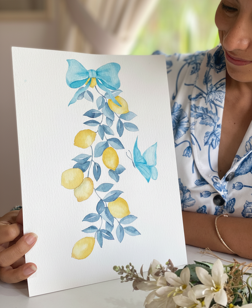 Alumna mostrando una acuarela de limones y mariposas