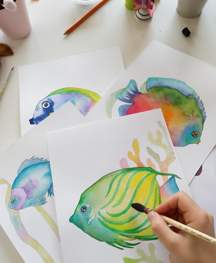 Acuarelas de peces tropicales pintadas durante el taller