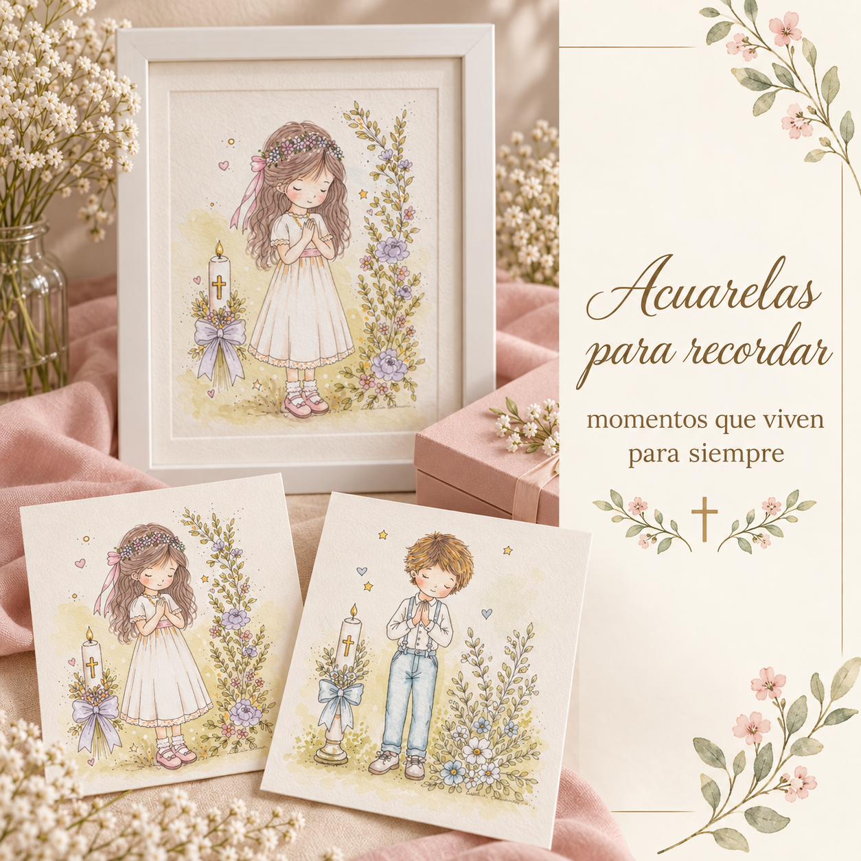 Acuarelas personalizadas para bautismos, primeras comuniones y bodas