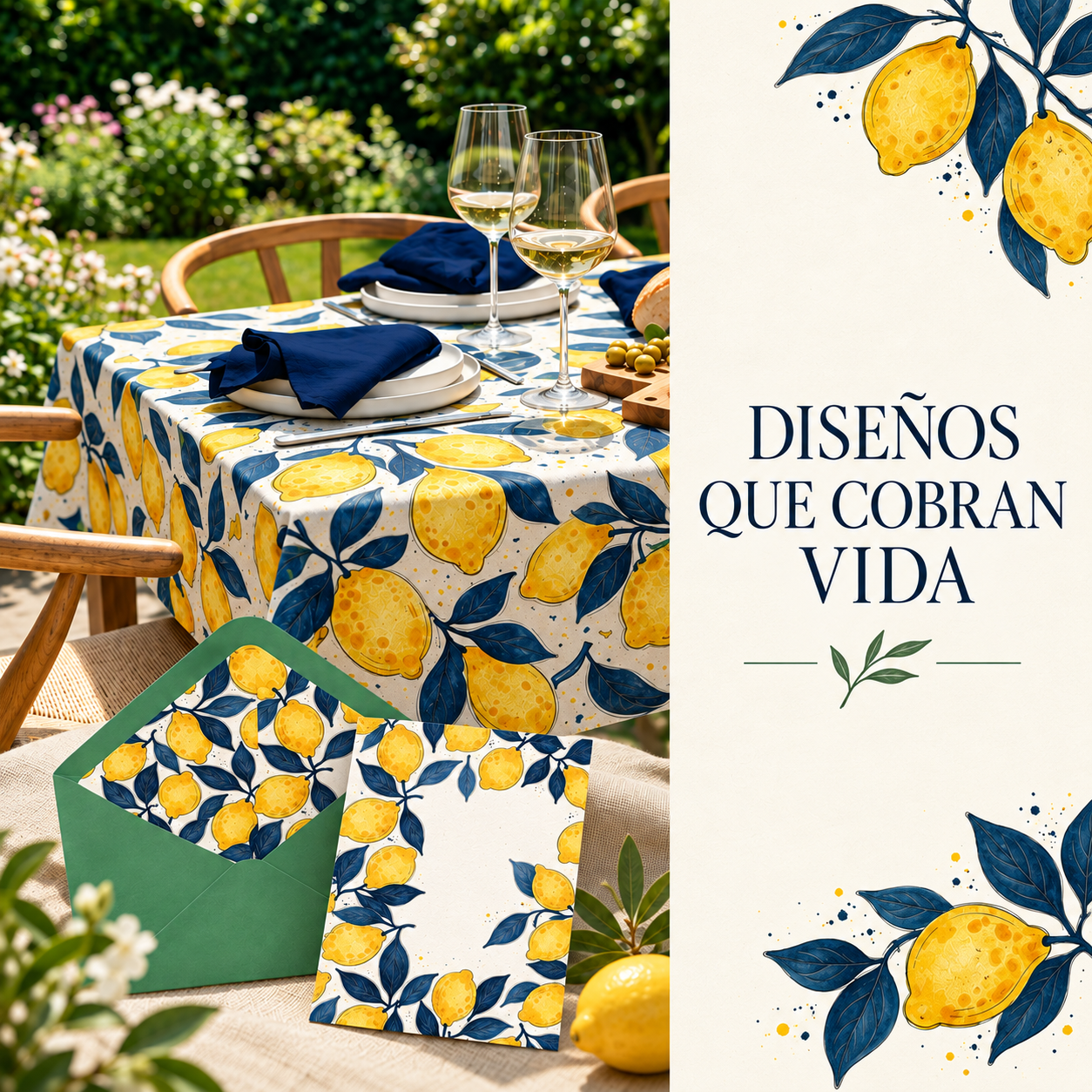 Diseño artístico de limones aplicado a papel y textiles