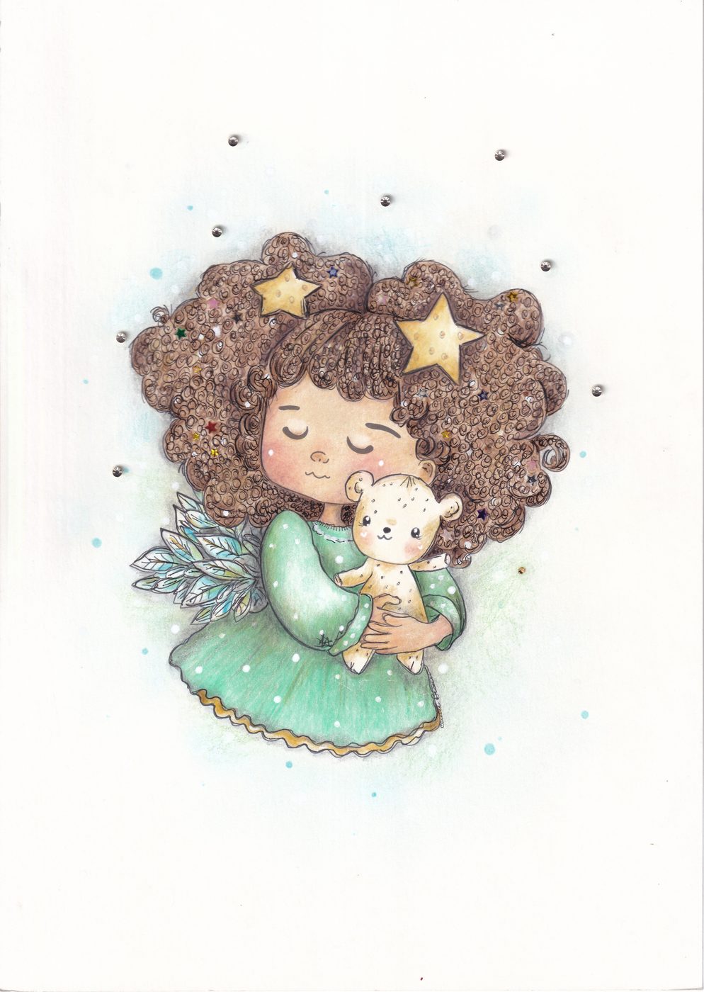 Ilustración de niña y muñeca en acuarela