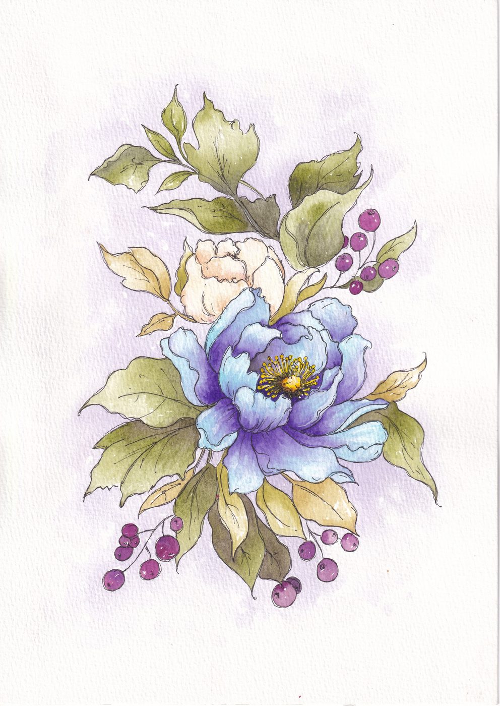 Flores violetas pintadas en acuarela