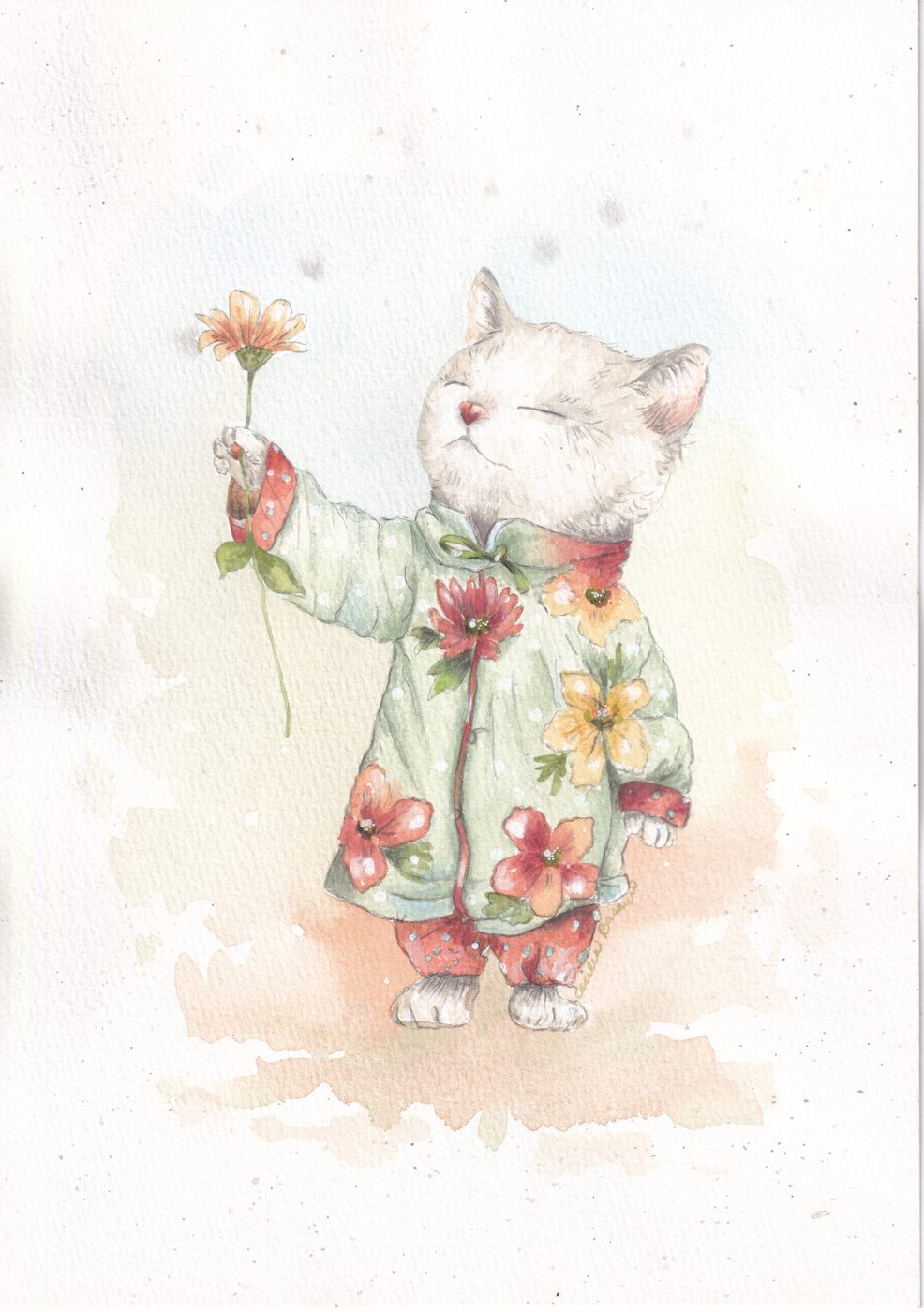 Ilustración de gatita entre flores