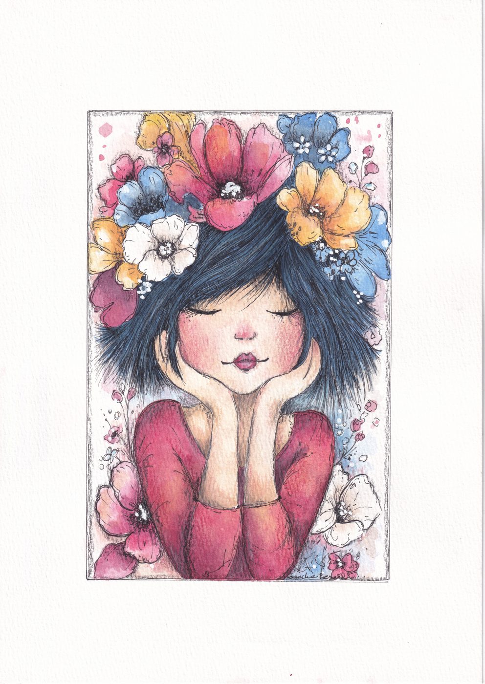 Retrato ilustrado con flores