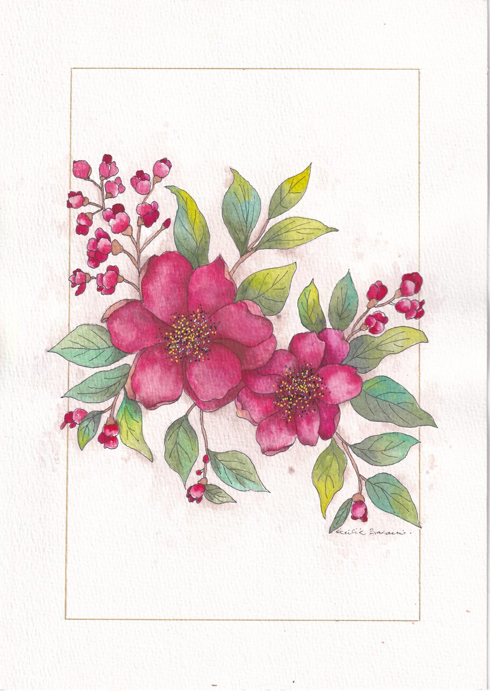 Ramo de flores rosadas en acuarela