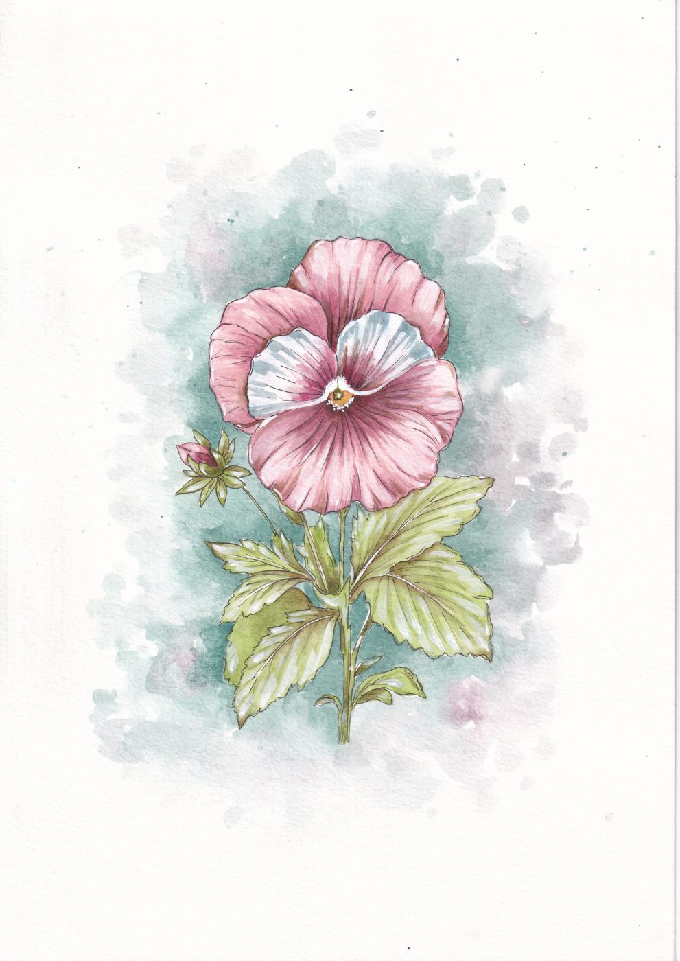 Flor rosada y hojas en acuarela